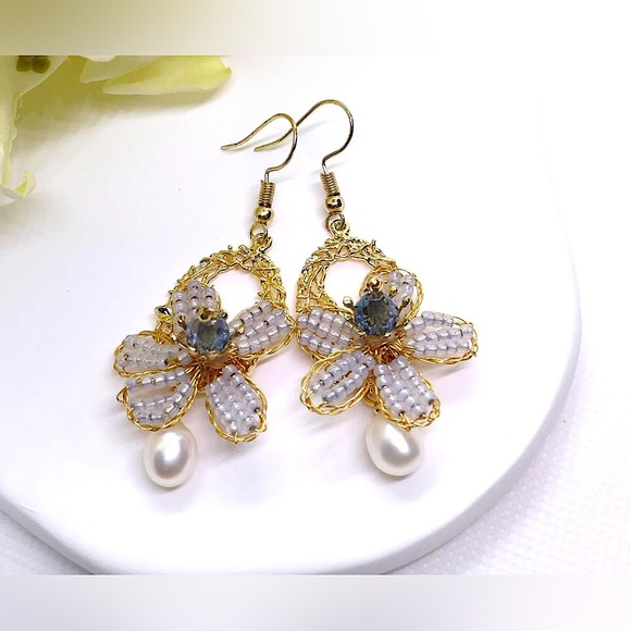 Brass Wire Wrapped Beads & Freshwater Pearl Chandelier Flower Earrings - Picture 2 of 7